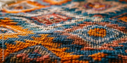 A close-up of a colorful, woven rug with a detailed pattern