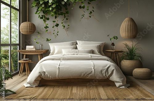 A bedroom with a bed, a table, and a plant. The bed has white sheets and pillows, and there are plants in the room. photo