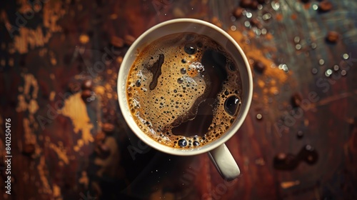 A close-up shot of a cup of coffee on a table, great for use in editorial or commercial contexts where a warm beverage is featured