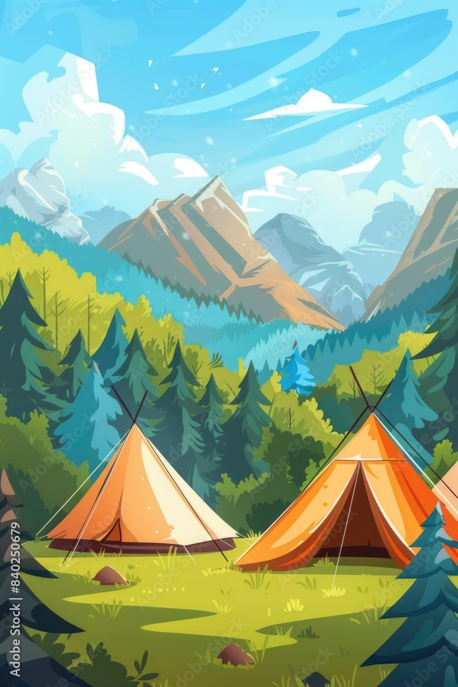 A group of tents situated in the midst of a dense forest, surrounded by trees and foliage A group of tents situated in the midst of a dense forest, surrounded by trees and foliage