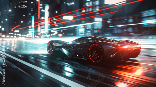 Concept sports car races through a neon-lit cityscape, exhibiting motion blur and modern design