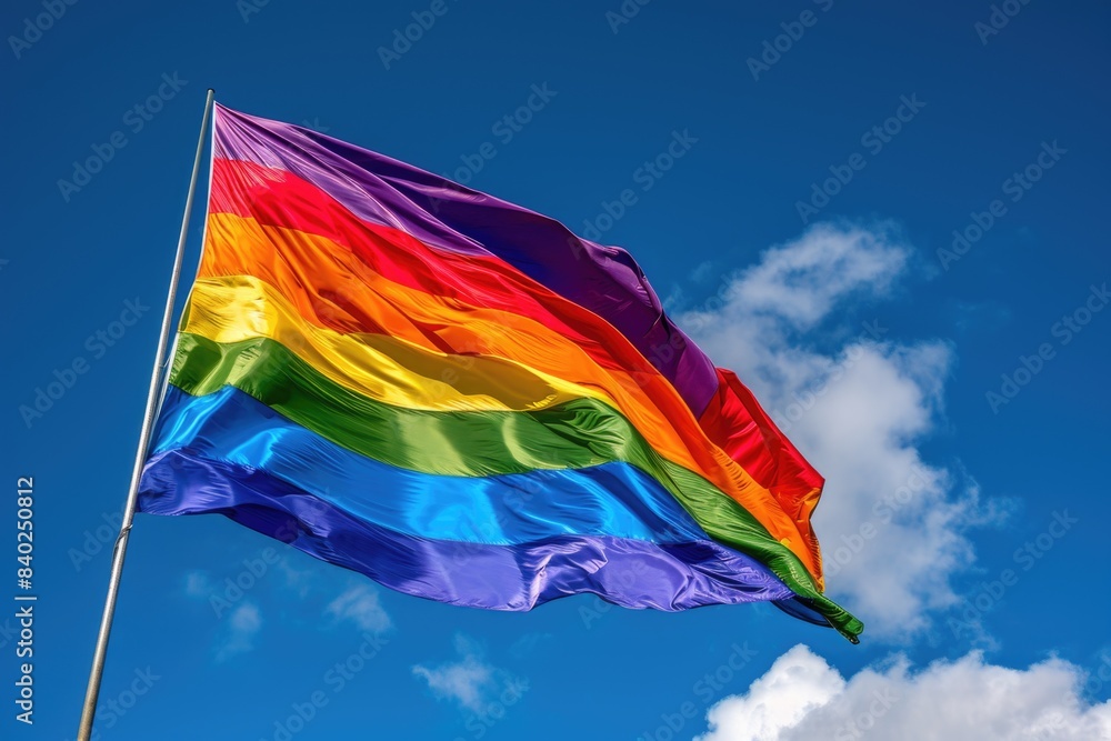 A colorful rainbow flag waving in the air A colorful rainbow flag waving in the air