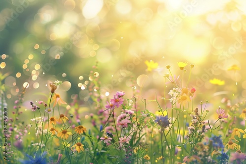 A field of colorful wildflowers bathed in the golden glow of a summer sunset