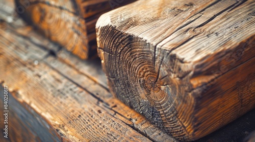 A close-up of a weathered wood beam, showcasing its natural grain patterns and knots