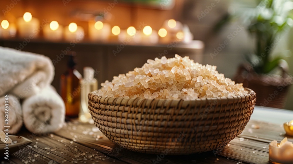 Closeup of a wicker basket filled with bath salt on a wooden table in a spa setting Closeup of a wicker basket filled with bath salt on a wooden table in a spa setting