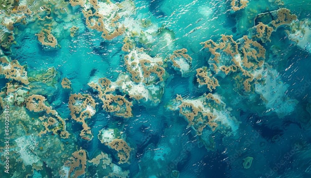 Fototapeta premium Aerial Mastery: Pristine Blue Waters Over a Patchwork Coral Reef