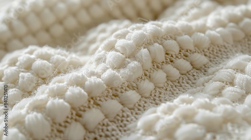 A close-up image of a white knit fabric with pom poms