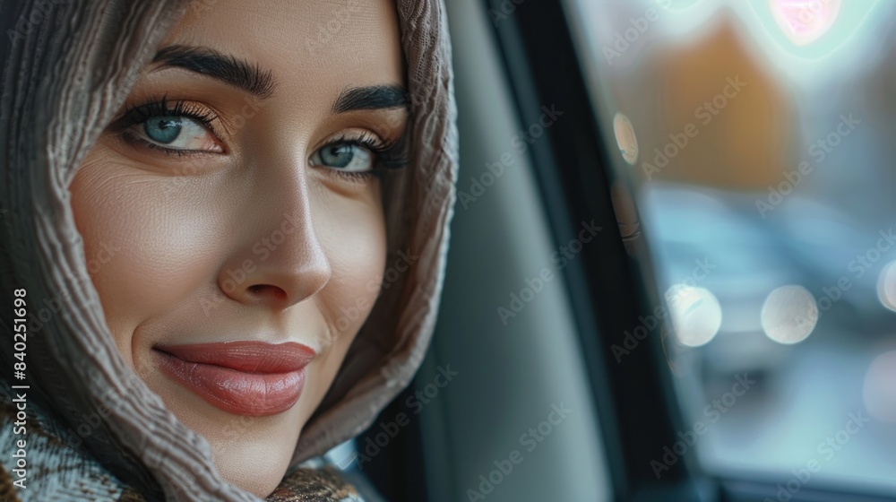 A woman wearing a scarf sits in the driver's seat of a car A woman wearing a scarf sits in the driver's seat of a car