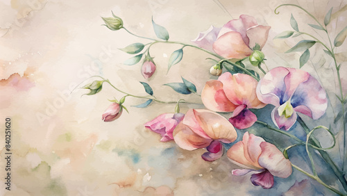 Vintage sweet peas flower watercolor background