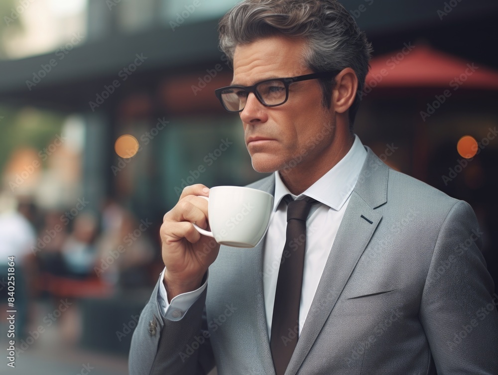 A businessman sitting at his desk holding a cup of coffee, possibly getting ready for a meeting A businessman sitting at his desk holding a cup of coffee, possibly getting ready for a meeting