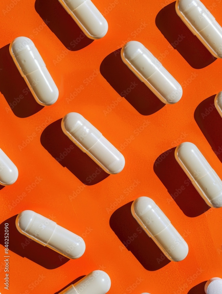A collection of white pills arranged on top of a vibrant orange surface A collection of white pills arranged on top of a vibrant orange surface