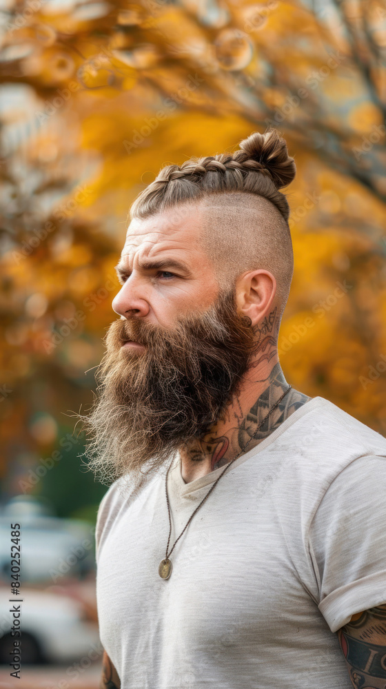 Obraz premium Viking Warrior Portrait with Braided Beard., Modern days Viking, A way of life, call of the wild, A new kind of beauty.
