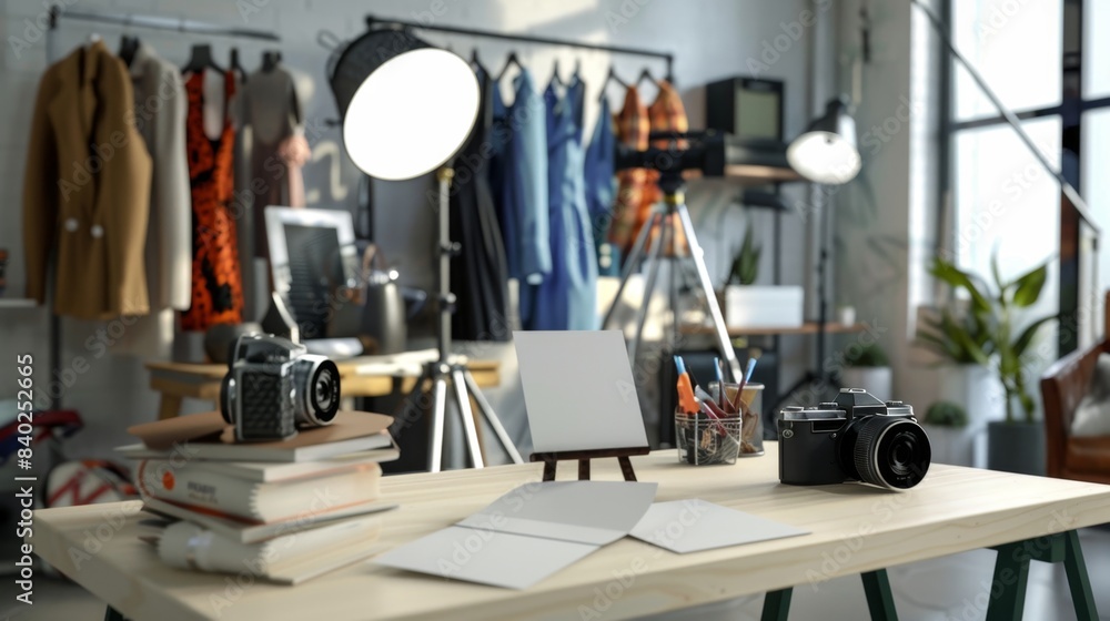 HighFashion Photography Studio Designer Clothes Camera Setup and Business Cards for Creative Professionals HighFashion Photography Studio Designer Clothes Camera Setup and Business Cards for Creative Professionals