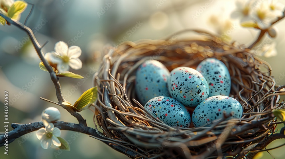 The three dimensional rendering of Easter eggs in a bird's nest on tree branches with a white bright background. The three dimensional rendering of Easter eggs in a bird's nest on tree branches with a white bright background.