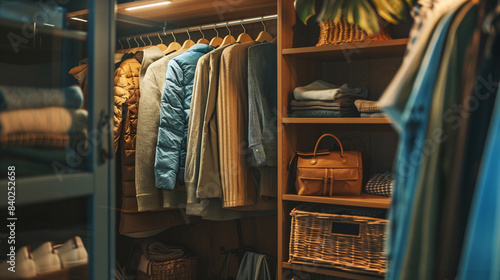 Closeup of an opened wardrobe with full of clothes in warm color tone and cozy style.