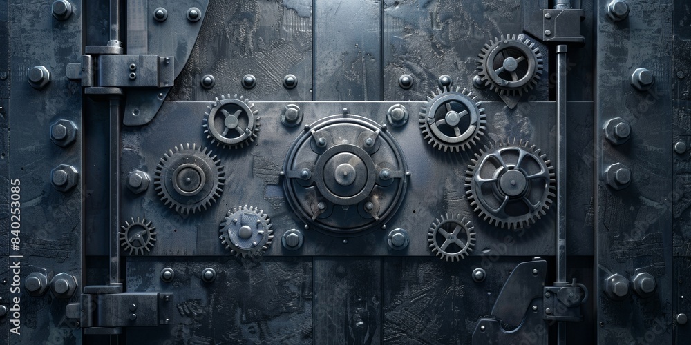 A door with antique clockworks displaying intricate industrial design. A door with antique clockworks displaying intricate industrial design.