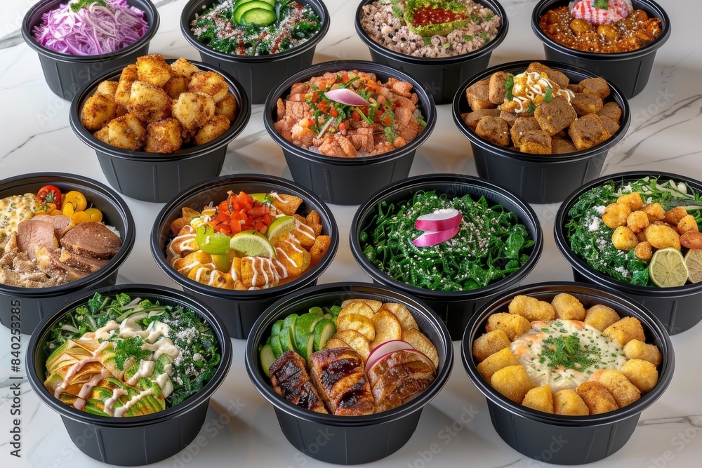 Vibrant poke bowls with fresh ingredients and a variety of toppings, showcasing the colorful presentation and healthy appeal, perfect for food photography and healthy eating enthusiasts Vibrant poke bowls with fresh ingredients and a variety of toppings, showcasing the colorful presentation and healthy appeal, perfect for food photography and healthy eating enthusiasts