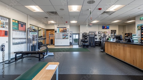 Elite Athletic Training Center Professional Equipment and Motivational Environment with Business Cards on Reception Desk