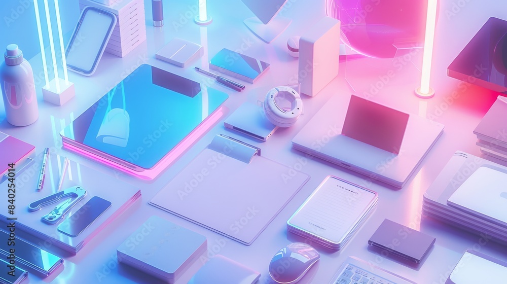 CuttingEdge Tech Workspace Modern Gadgets Business Cards and Coding Manuals on Sleek Surfaces CuttingEdge Tech Workspace Modern Gadgets Business Cards and Coding Manuals on Sleek Surfaces