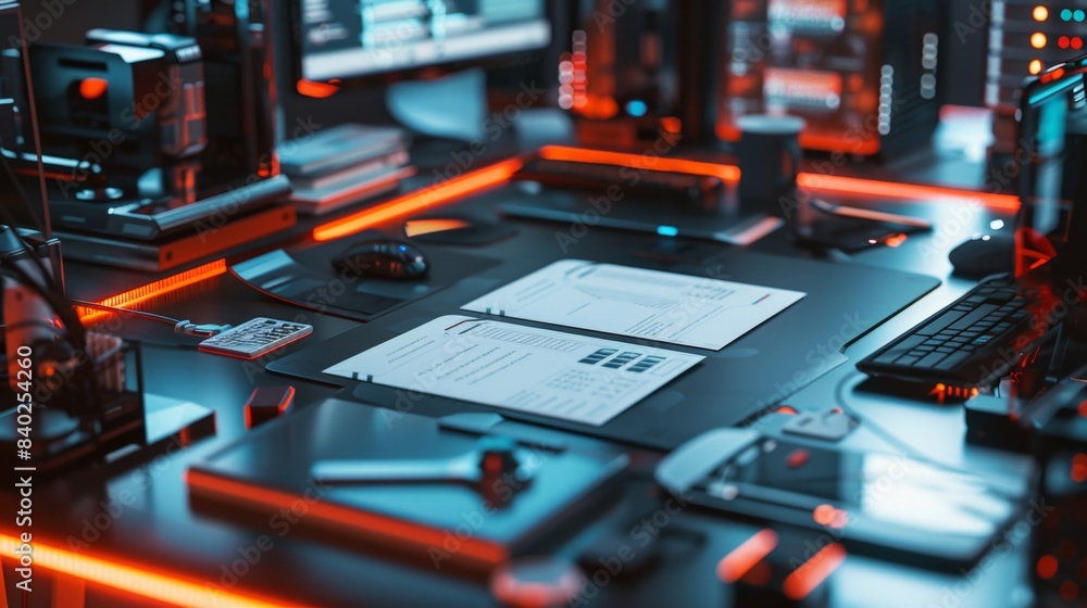 CuttingEdge Tech Workspace Modern Gadgets Business Cards and Coding Manuals on Sleek Surfaces CuttingEdge Tech Workspace Modern Gadgets Business Cards and Coding Manuals on Sleek Surfaces