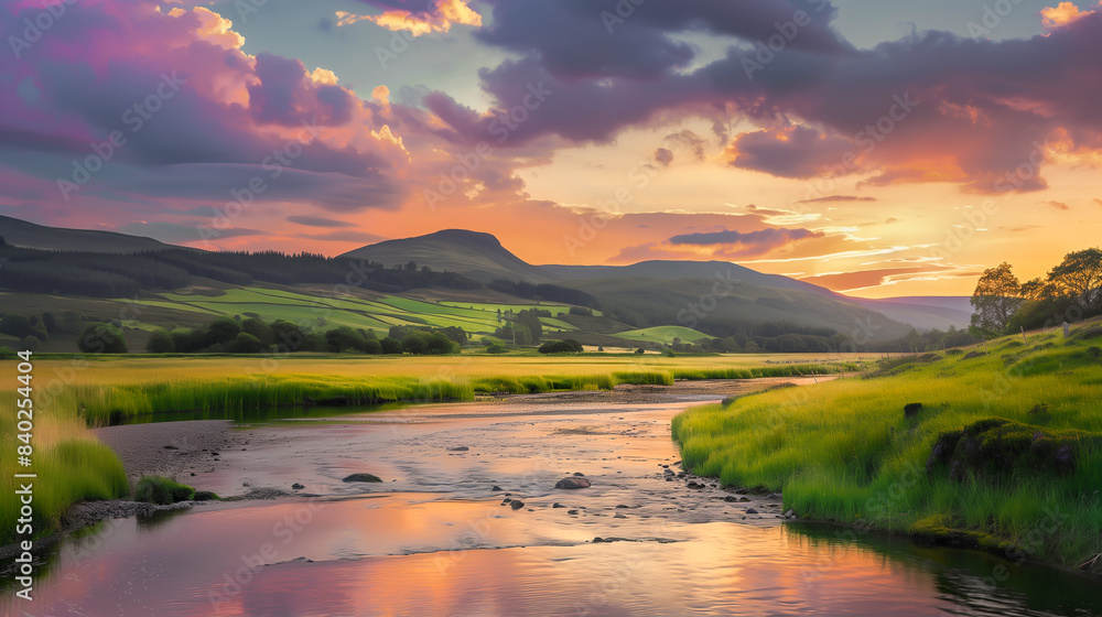 Spectacular Scottish countryside landscape features rolling hills, a meandering mountain river and a breathtaking sunset sky