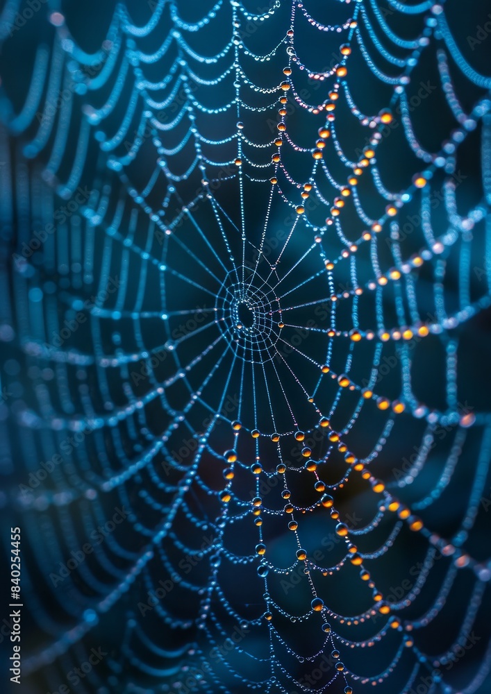 Close-up of dew drops on a spider web, showcasing nature's intricacy. Close-up of dew drops on a spider web, showcasing nature's intricacy.