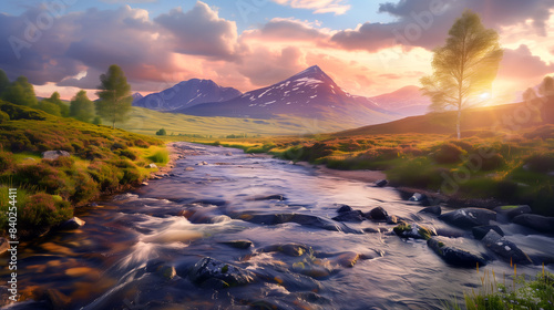 Spectacular Scottish countryside landscape features rolling hills, a meandering mountain river and a breathtaking sunset sky