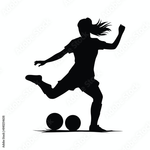 Women soccer player vector silhouettes on white background isolated. Silhouette of a woman kicking soccer ball, vector illustration