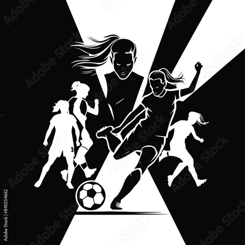 Women soccer player vector silhouettes on white background isolated. Silhouette of a woman kicking soccer ball, vector illustration