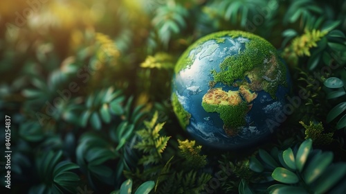 A breathtaking depiction of Earth surrounded by lush greenery, symbolizing nature conservation, environmental protection, and global sustainability. © CALMANDRELAX STUDIO