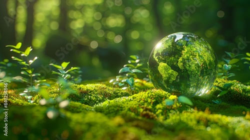 A crystal globe reflecting a lush green forest, symbolizing environmental conservation and global sustainability.