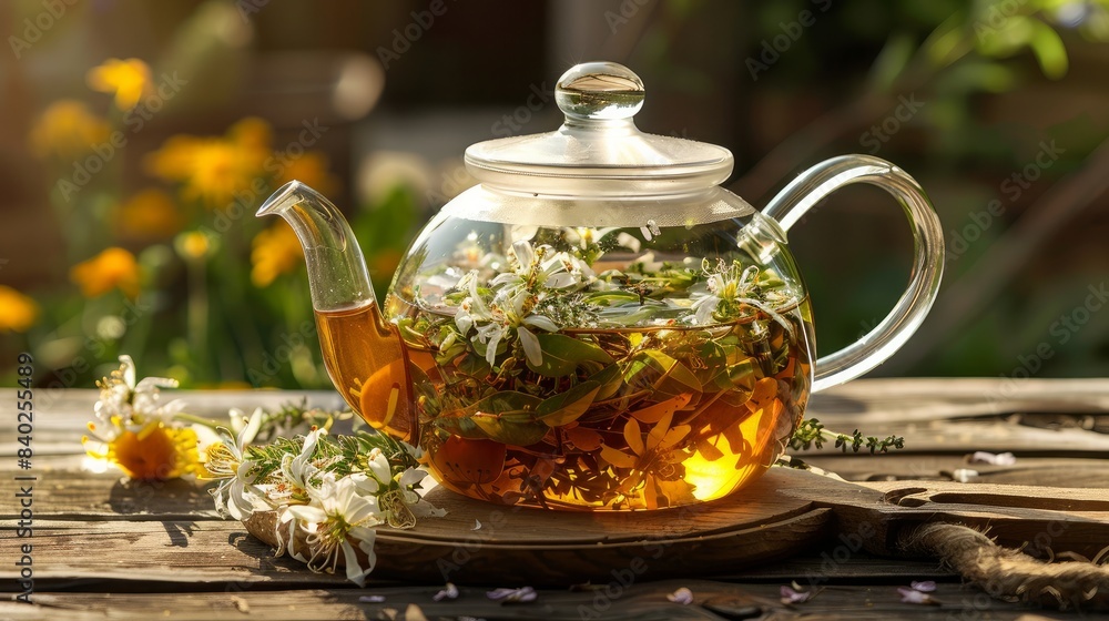 Glass kettle of herbal tea with thyme and linden blossom. Glass kettle of herbal tea with thyme and linden blossom.