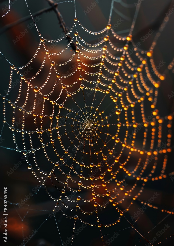Naklejka premium Close-up of dew drops on a spider web, showcasing nature's intricacy. 