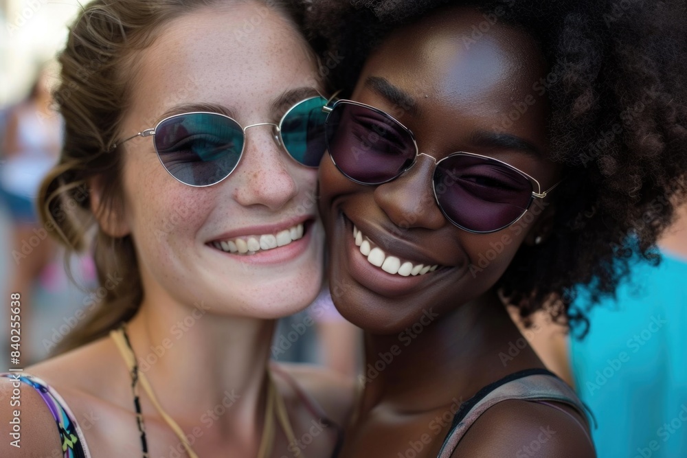 A photo of two women with bright smiles, posing for the camera A photo of two women with bright smiles, posing for the camera