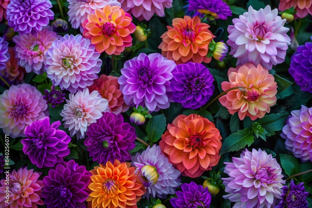 A vibrant display of dahlias in full bloom