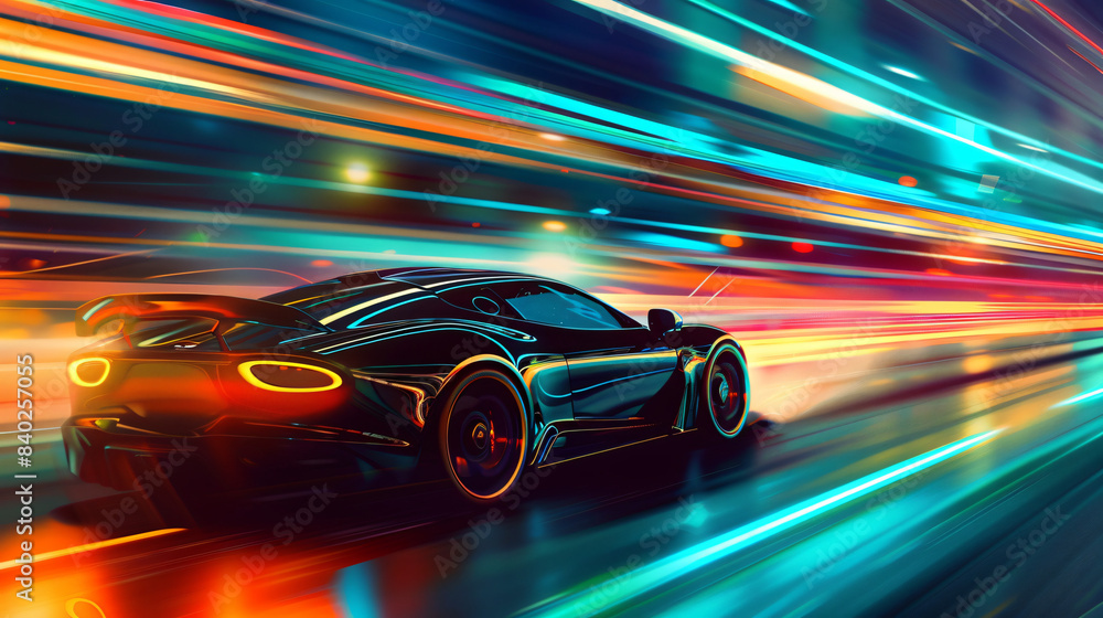 Dynamic image of a supercar speeding through a city at night with vivid light trails