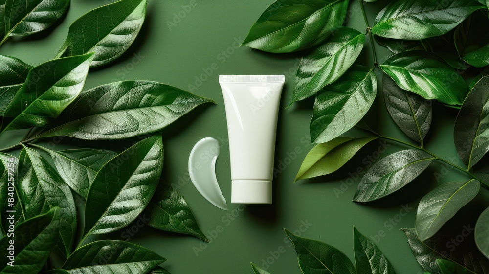 Mockup of a tube for cream on green leafs background Mockup of a tube for cream on green leafs background