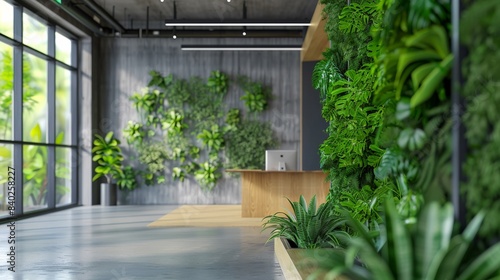 A vertical garden wall of green tropical foliage as a natural background in an office space