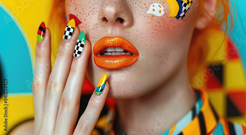 Close up of a woman with orange hair and long nails. The nail art is done in the style of an advertisement with a colorful background