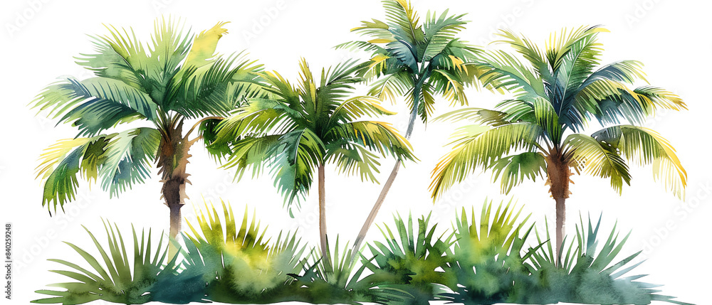 Beautiful watercolor illustration of lush palm trees with vibrant green leaves, isolated on transparent background Beautiful watercolor illustration of lush palm trees with vibrant green leaves, isolated on transparent background