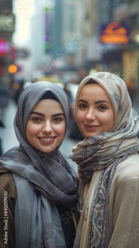 Two Smiling Women in Hijabs on a City Street Generative AI image