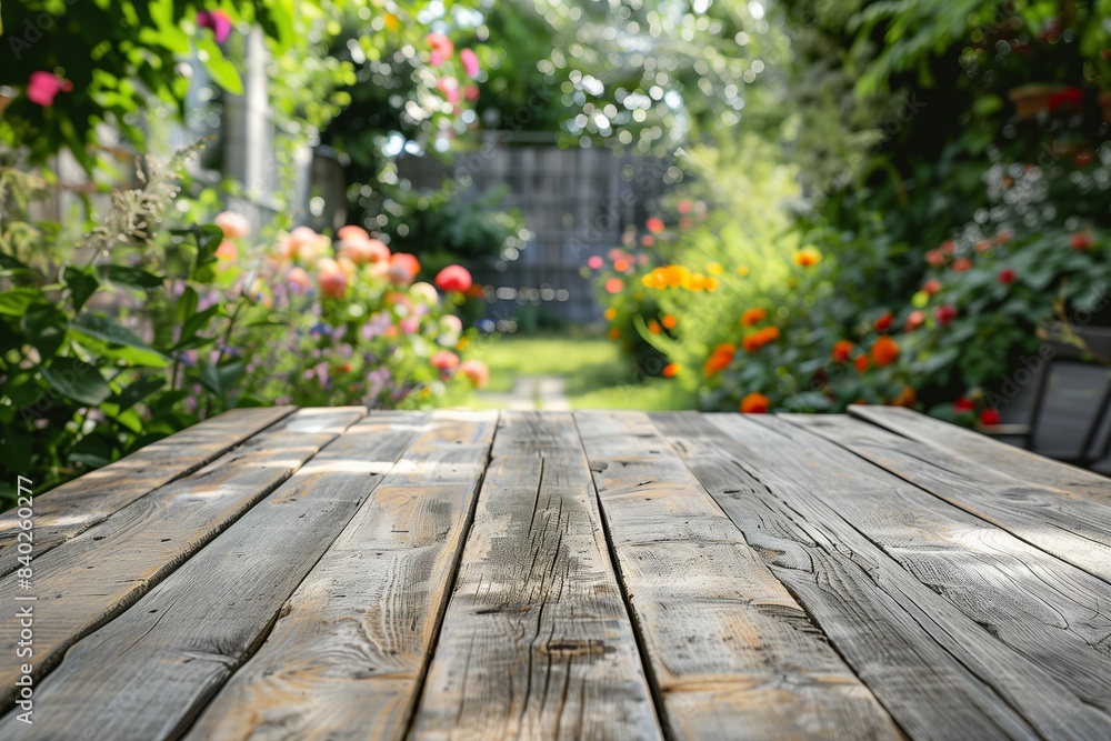 A rustic wooden table sits in a lush summer garden A rustic wooden table sits in a lush summer garden