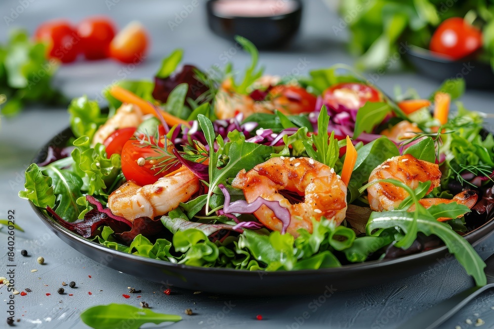 Fresh garden salad with shrimp and vibrant vegetables, showcasing the rich colors and healthy ingredients, perfect for food photography and healthy eating enthusiasts Fresh garden salad with shrimp and vibrant vegetables, showcasing the rich colors and healthy ingredients, perfect for food photography and healthy eating enthusiasts