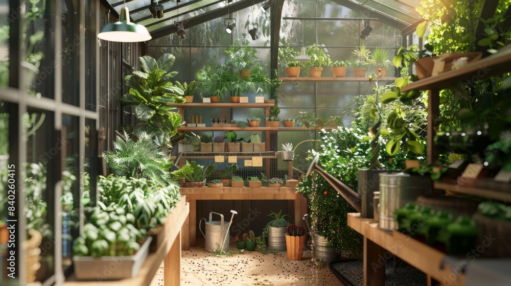 Botanical Business Greenhouse with Exotic Plants Soil Samples and Watering Can Botanical Business Greenhouse with Exotic Plants Soil Samples and Watering Can