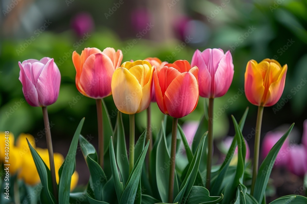 Fototapeta premium Colorful tulips in a garden, ideal for springtime themes. 