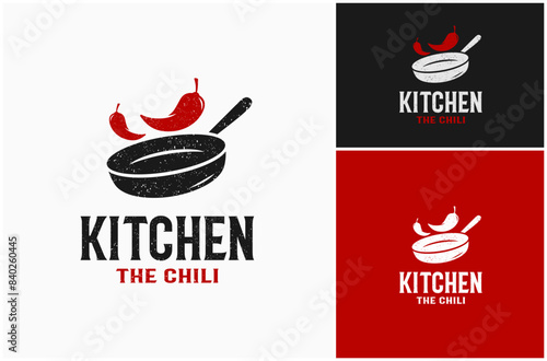 Cast Iron Pan Skillet Cooking Kitchen Hot Chili Red Pepper Spicy Vector Logo Design Illustration