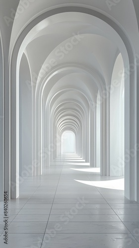 White Arched Hallway With Light Streaming In © yganko