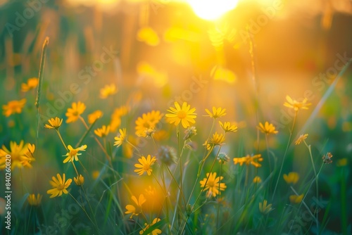 A field of yellow wildflowers basking in the soft light of a setting sun © mattegg
