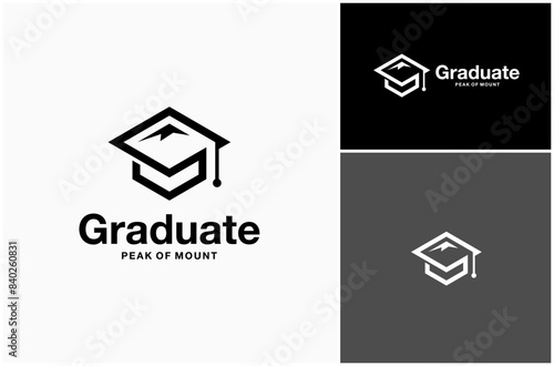 Education Study School Graduate Cap Mountain Peak Ridge Adventure Vector Logo Design Illustration