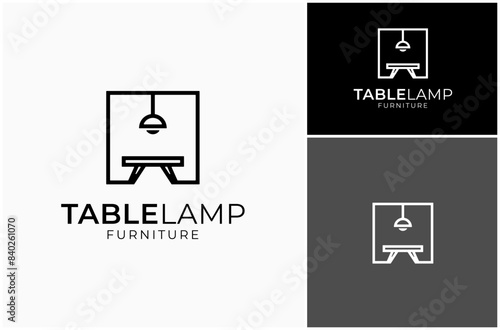 Table Desk Wooden Hanging Lamp Light Interior Furniture Furnishing Vector Logo Design Illustration
